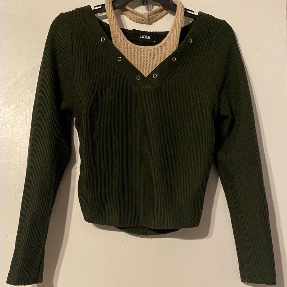 Cider Green Cropped Fitted Sweatshirt with Long Sleeves